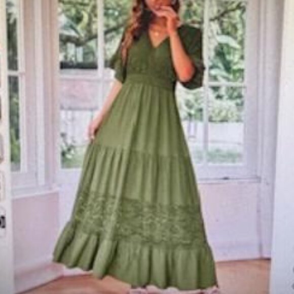 Simplee V Neck Formal Lace Maxi Dress Ruffle Flowy Short Sleeve Boho Green NWT S - Picture 4 of 8